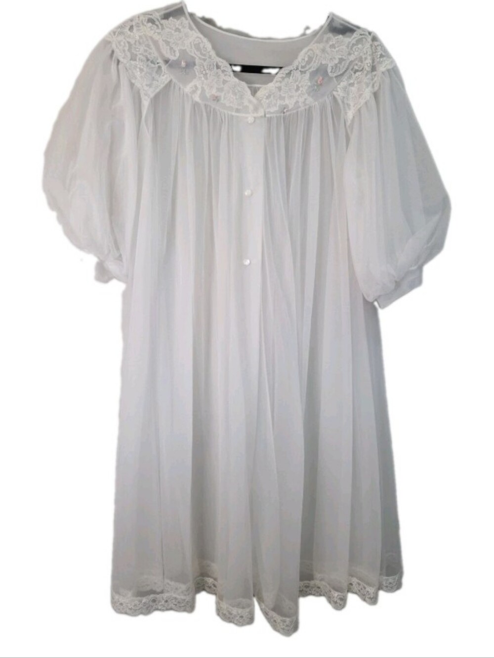 60s Shadowline Sz Small White Sheer Nylon Nightgown Robe Peignoir Lace Flouncy